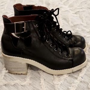 SixtySeven 67 Antropologie floater black and white leather heeled booties
